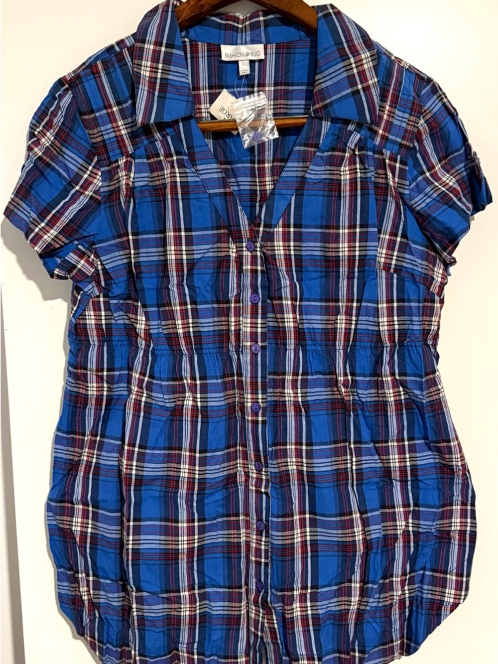 Women’s Blue Plaid Button-Up Shirt with Red and White Accents